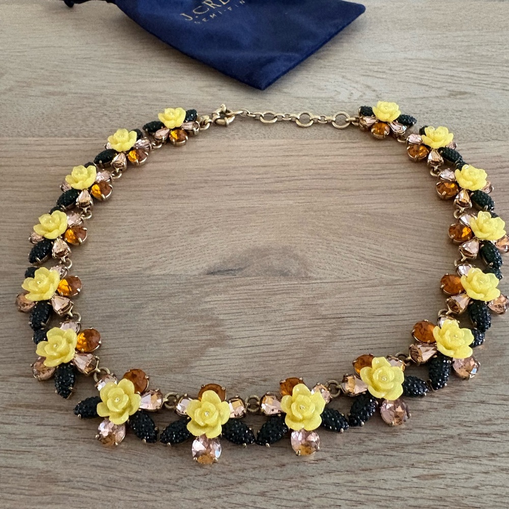 J. Crew Yellow Floral Crystal Collar Necklace with Black Leaf Accents